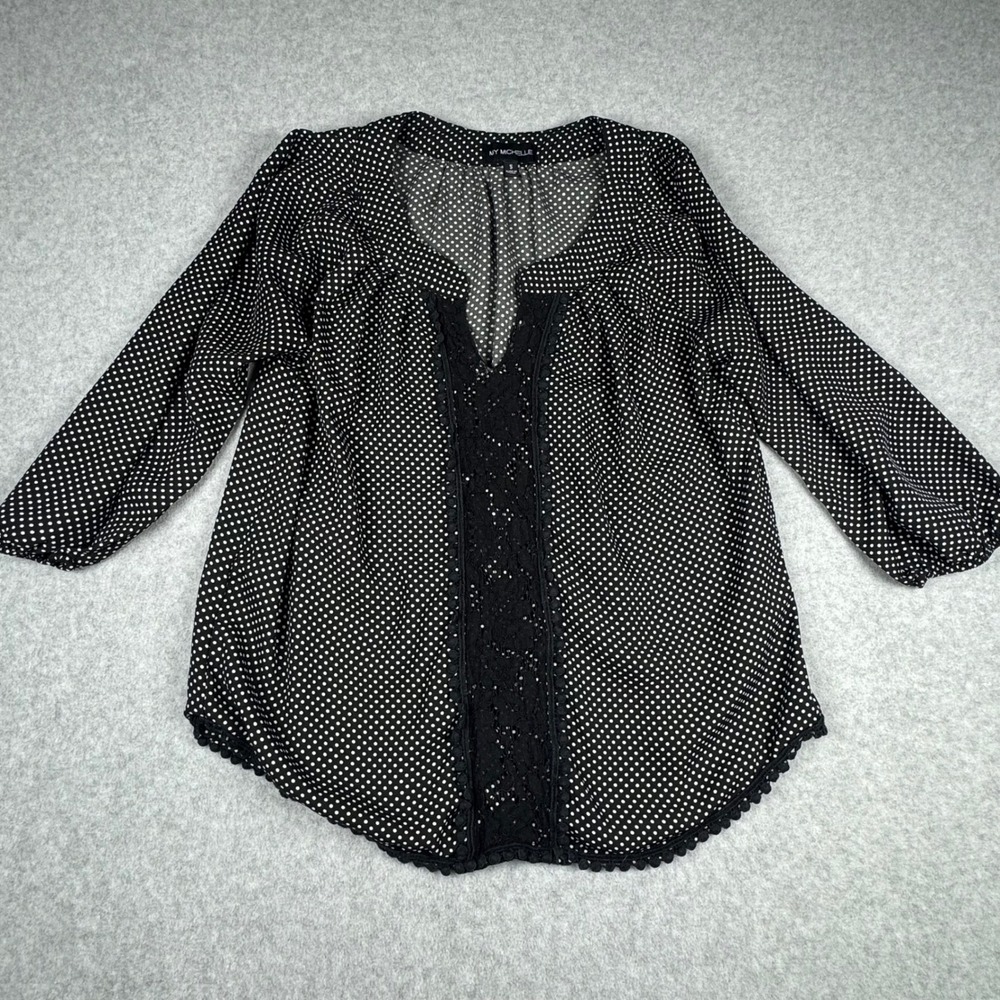 My Michelle Polka Dot Lace Trim Blouse Black White Pom Pom Hem Small K2538PTRJ